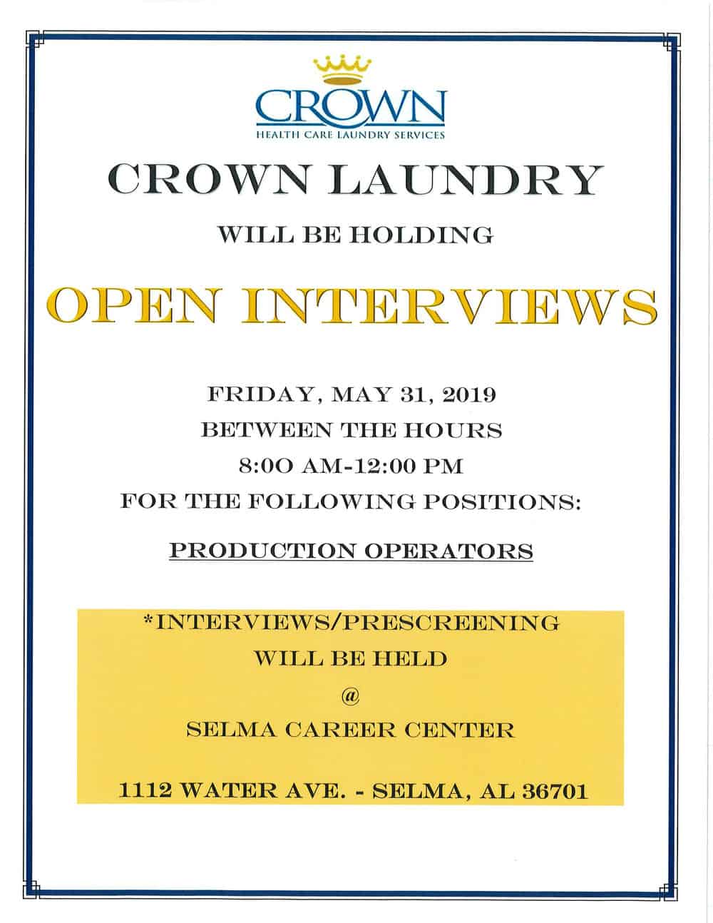 Crown Laundry Open Interviews