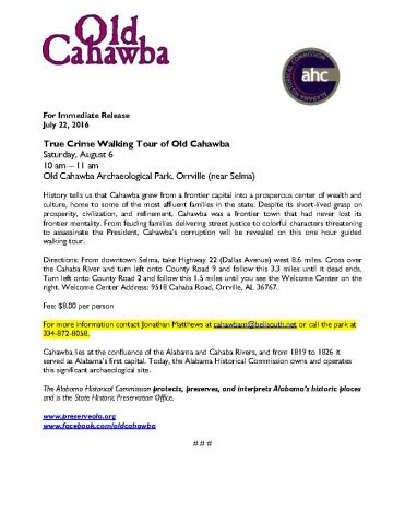 Old Cahawba True Crime Walking Tour Press Release